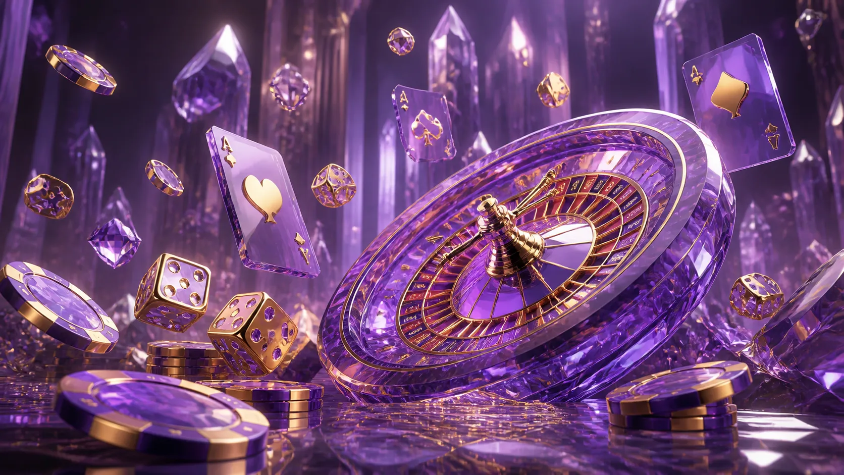 Luxurious casino hero image for Crystalroll with floating poker chips and holographic cards.